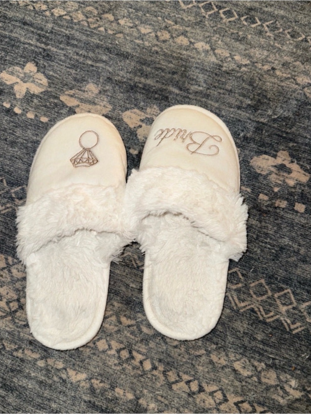 David's Bridal White Fuzzy Slide Slippers with Embroidered Ring and Script